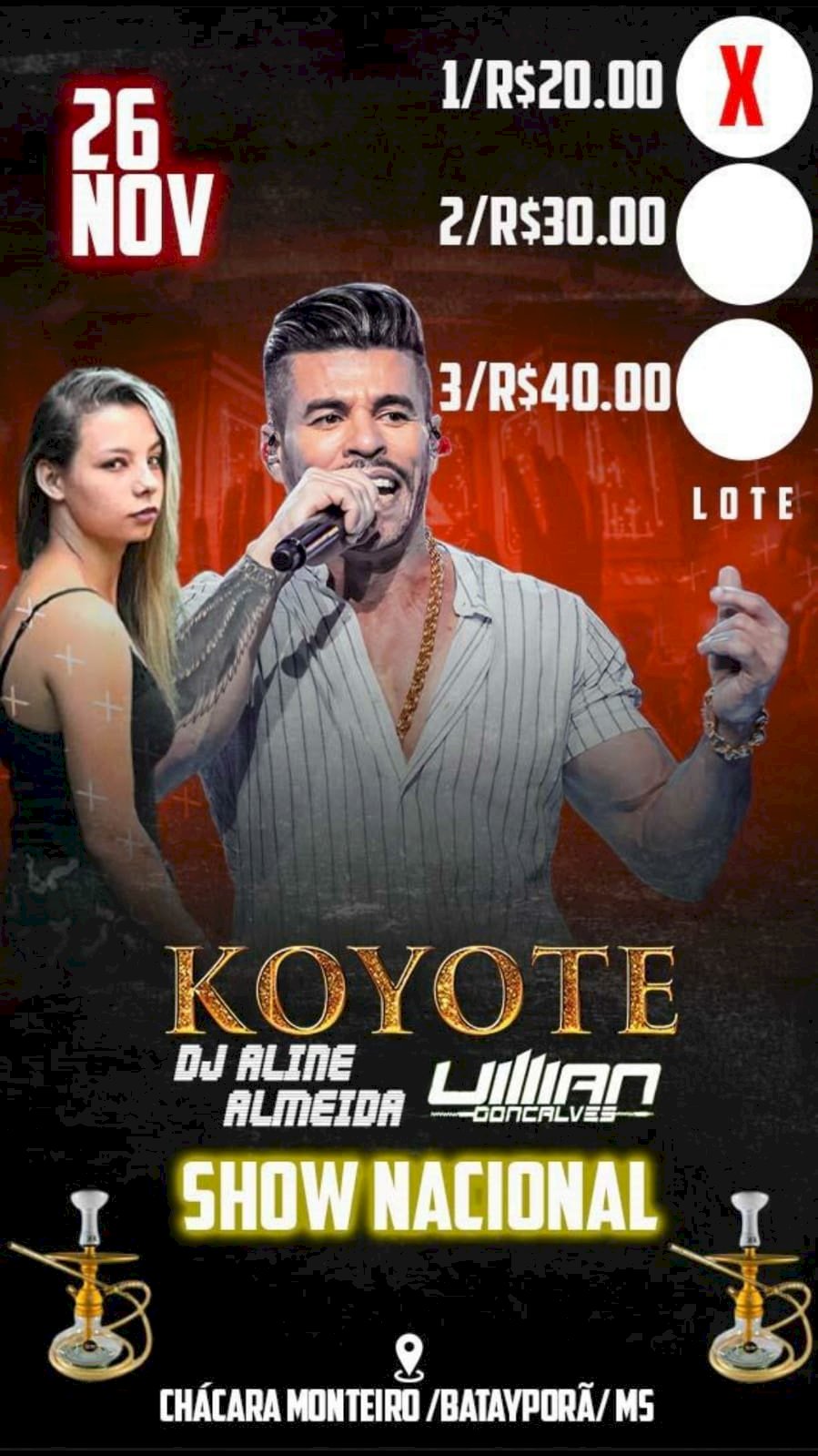 Batayporã: Koyote, DJ Aline Almeida e William Gonçalves farão mega show na Chácara Monteiro amanhã sexta-feira (26)