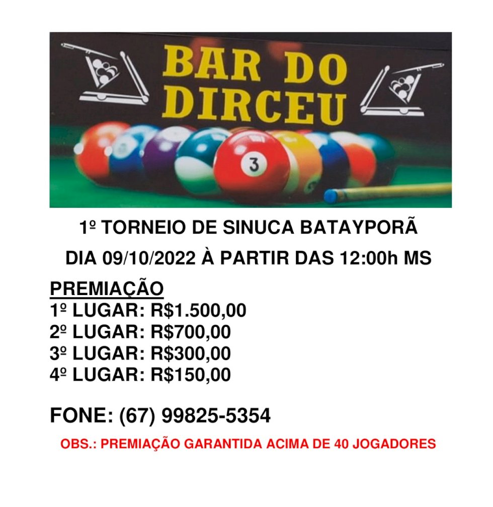 Batayporã: Bar do Dirceu irá realizar 1º Torneio de Sinuca no próximo domingo dia 9