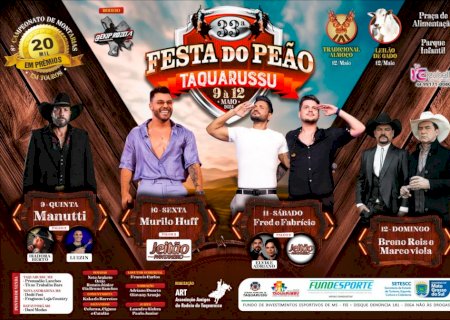 Começa hoje a 33ª Festa do Peão de Taquarussu com Mamutti,  Isadora Berto, Luizinho e os  melhores profissionais do mundo do rodeio