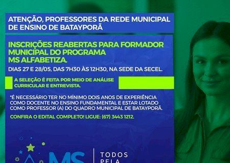 Reabertura de inscrições para formador municipal do Programa MS Alfabetiza em Batayporã