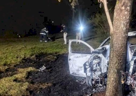 Rapaz morre e criança é socorrida após carro bater em árvore e pegar fogo