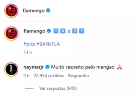 Neymar comenta em publicação do Flamengo: ‘Muito respeito pelo Mengão’